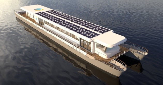 Das Bild zeigt ein solar-betriebenes Fahrgastschiff
