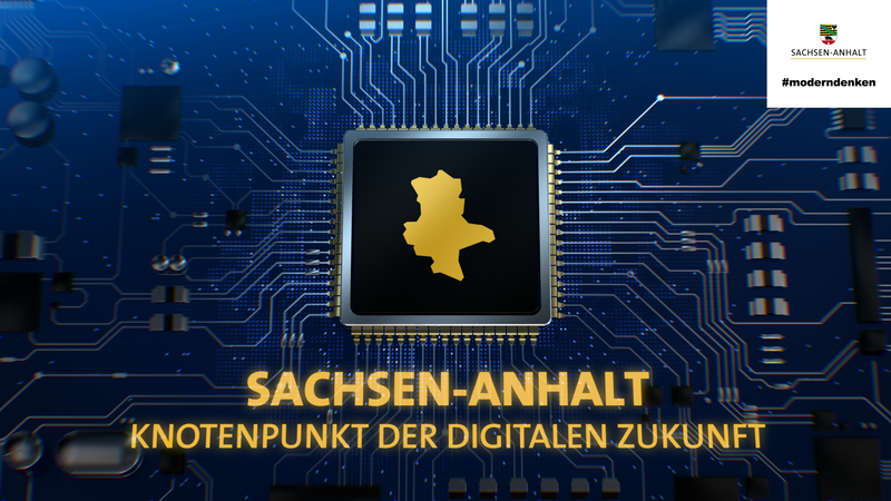 Das Bild zeigt eine Festplatte mit den Umrissen von Sachsen-Anhalt und den Schriftzug Sachsen-Anhalt, Knotenpunkt der digitalen Zukunft.