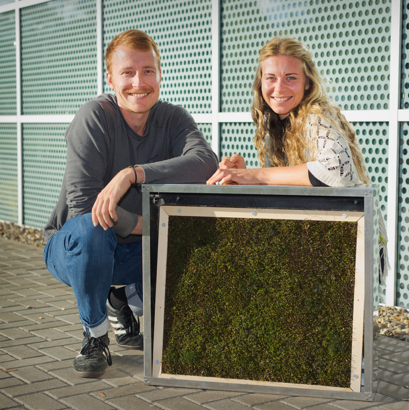 Das Bild zeigt Lucas Berns und Maren Huhle machen mit einem Moos-Paneel.