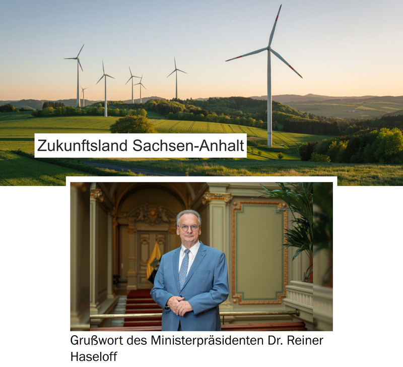 Das Bild zeigt Windräder und Ministerpräsident Dr. Reiner Haseloff.