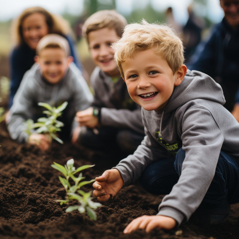 Das KI-generierte Bild zeigt Kinder an einem Gemüsebeet.