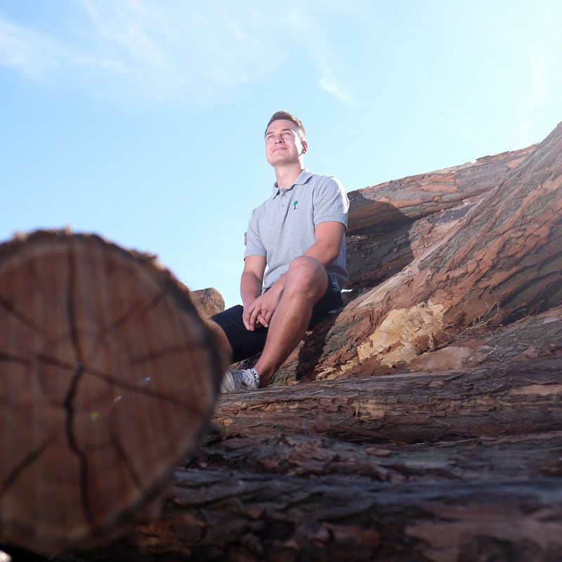 Das Bild zeigt Justin Kollautz von Timbercut auf Baumstämmen sitzend.